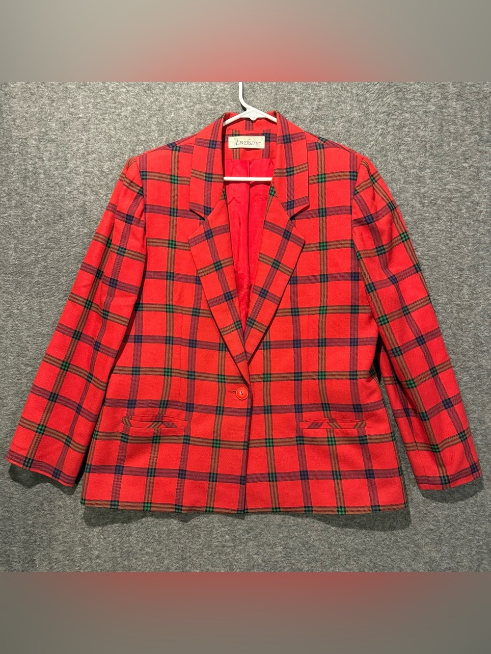 Vtg Christmas Plaid Blazer Jacket Womens L 12-14 Red Green holiday party festive